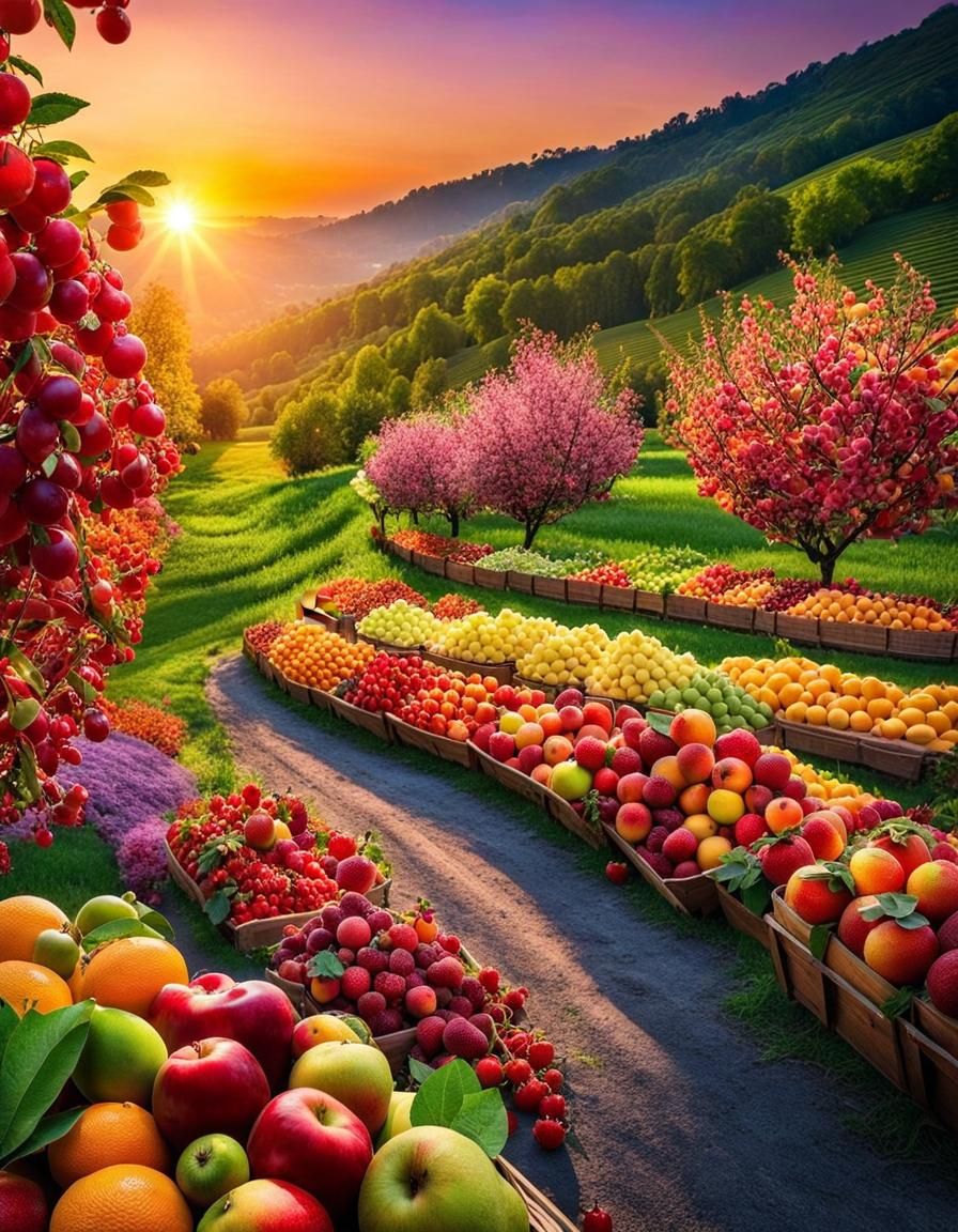 Fruitopia: A Colorful Fruit Landscape at Sunset