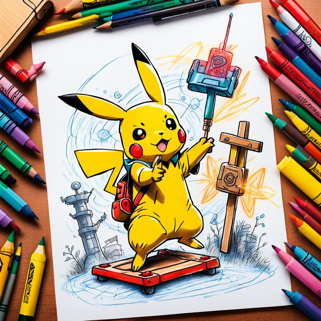 Pikachu Magical Girl Rescues Giant in Crayon Style