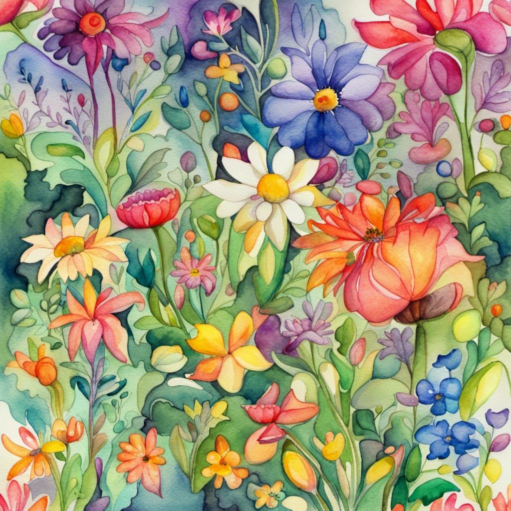 Vivid Watercolour Garden with Fantasy Flowers
