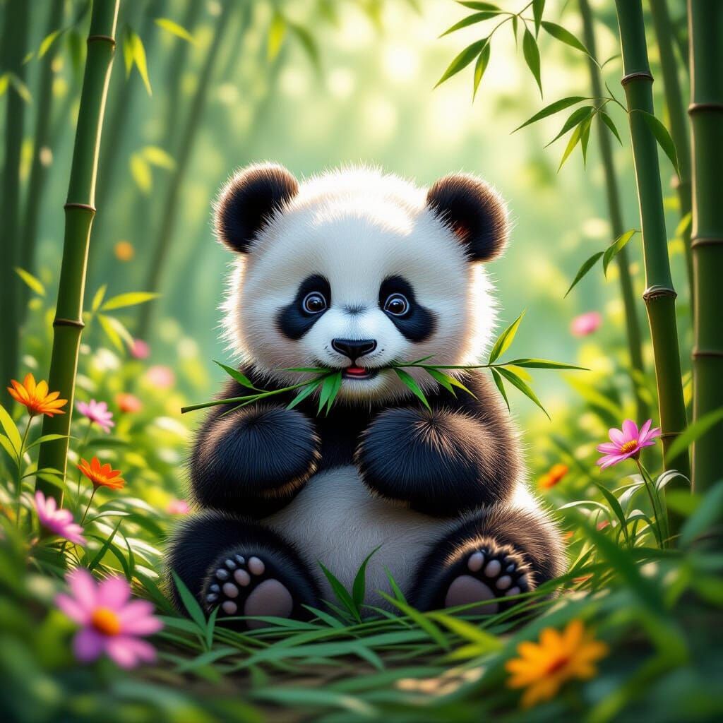 Baby Panda in Bamboo Forest, Matte Painting Style