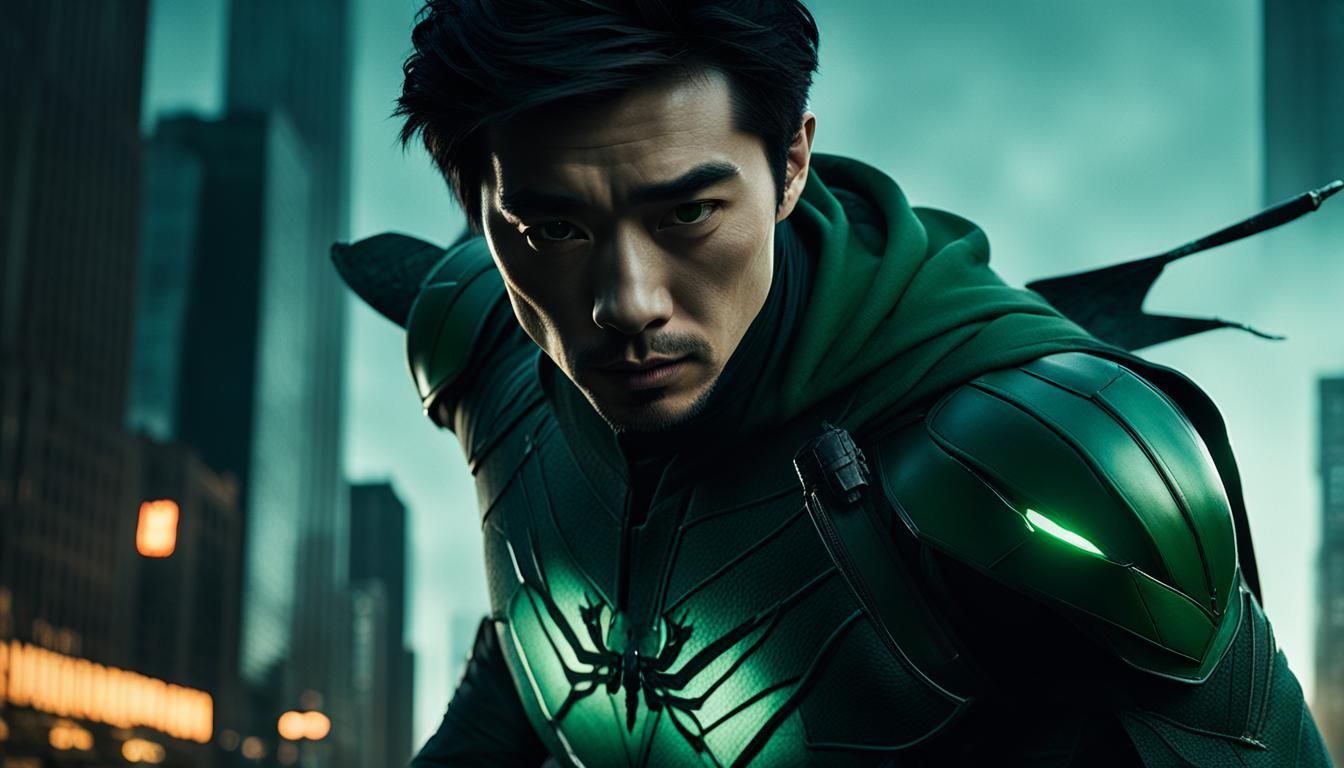 Heroic Superhero in Chicago at Dawn: Cinematic Film Still