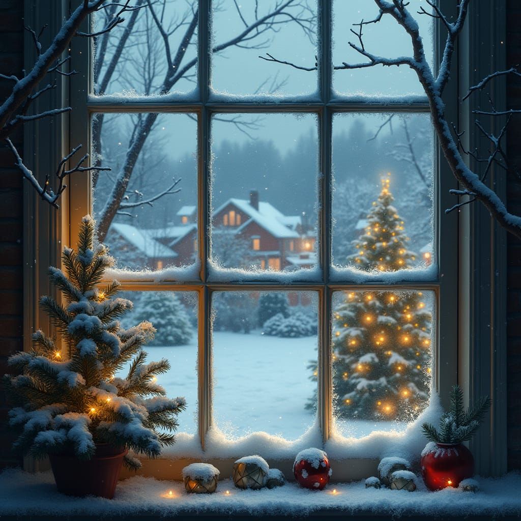 Cozy Christmas Window Scene with Falling Snow
