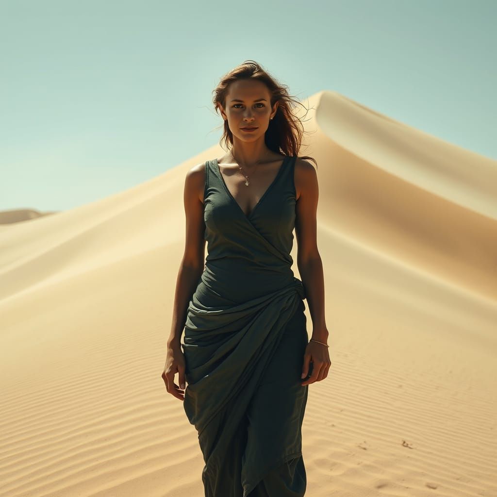 Woman Stands Tall in Viscous Desert Landscape with Impossibl...