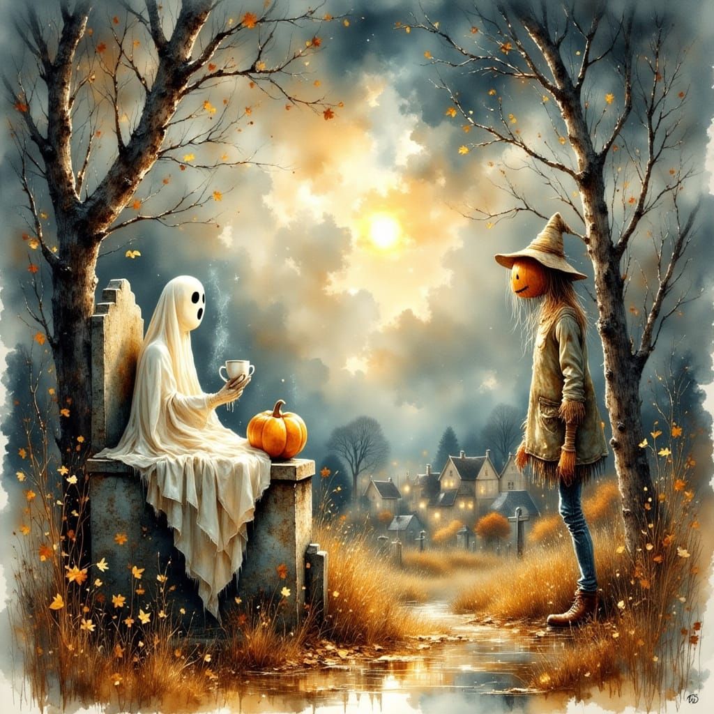 Fairytale Autumn Graveyard Scene with Friendly Ghost and Pum...