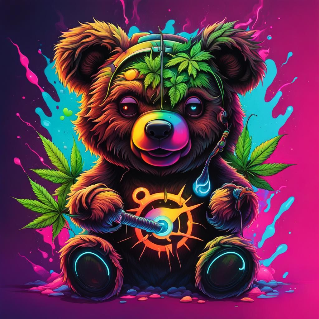 Cyberpunk Ted Bear with Cannabis Smoke and Neon