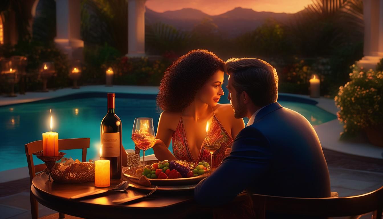 Romantic candlelight dinner with wine between husband and wife by the pool