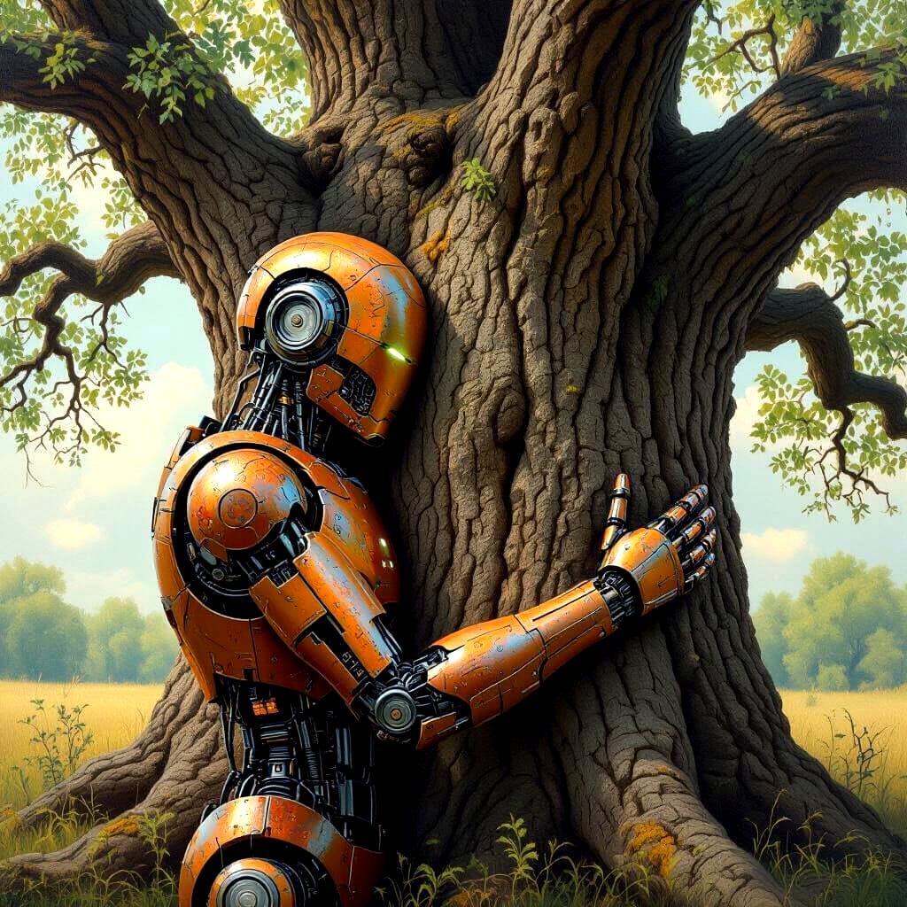 Android Hugs Ancient Oak Tree, Nature & Tech Balance