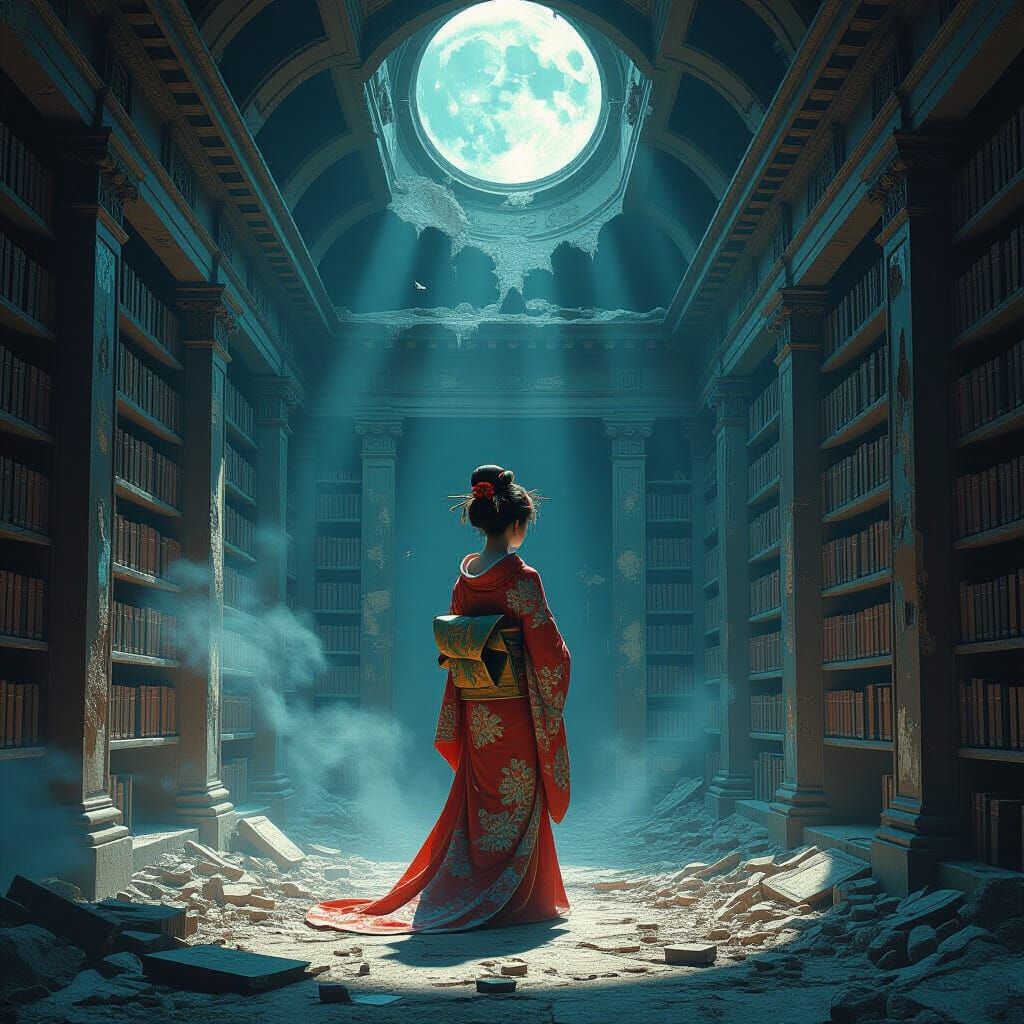 Geisha in Ruined Library, Dark Fantasy Impressionism