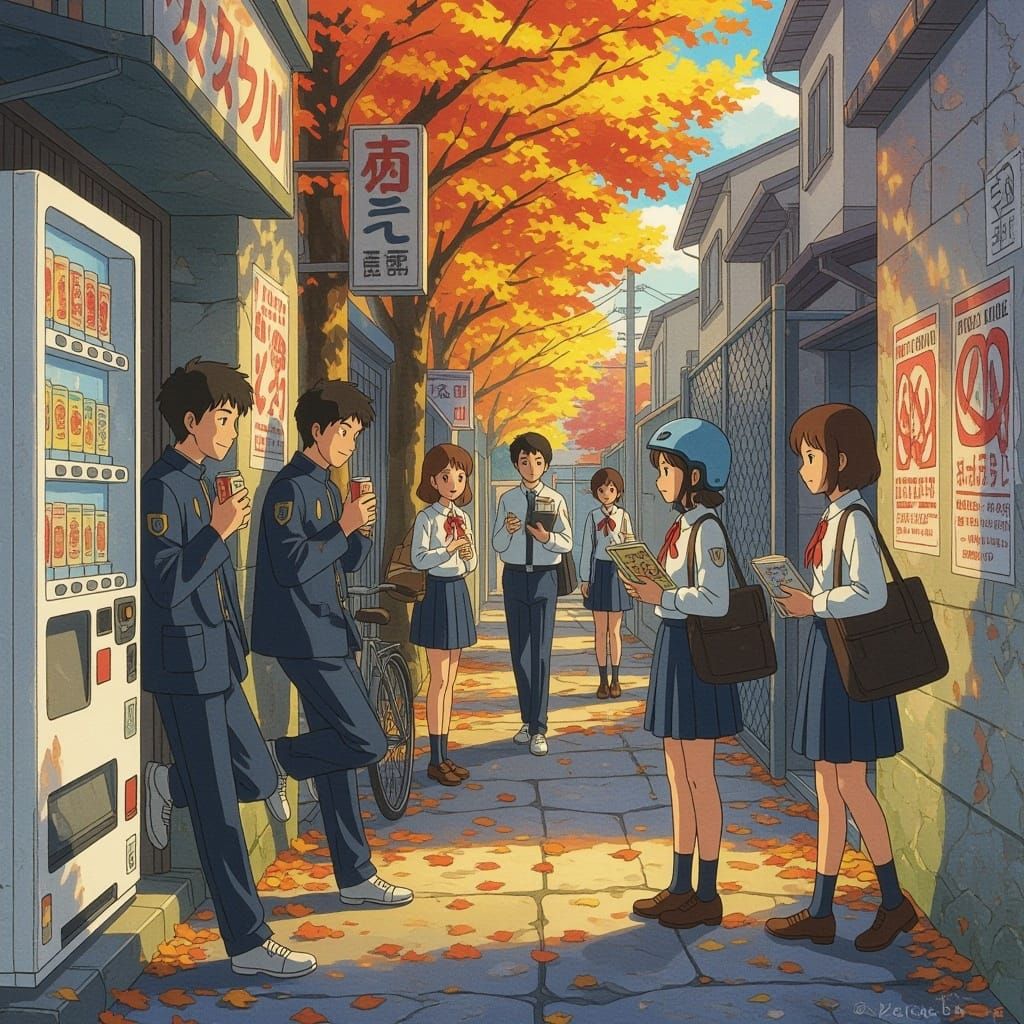 Studio Ghibli Style Autumn Scene Behind Japanese High School