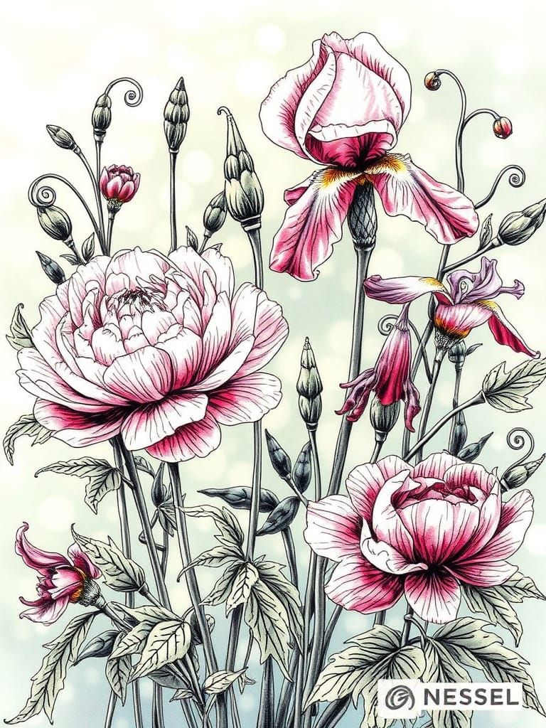 Intricate Ink Drawing of Fantasy Herbs and Flowers