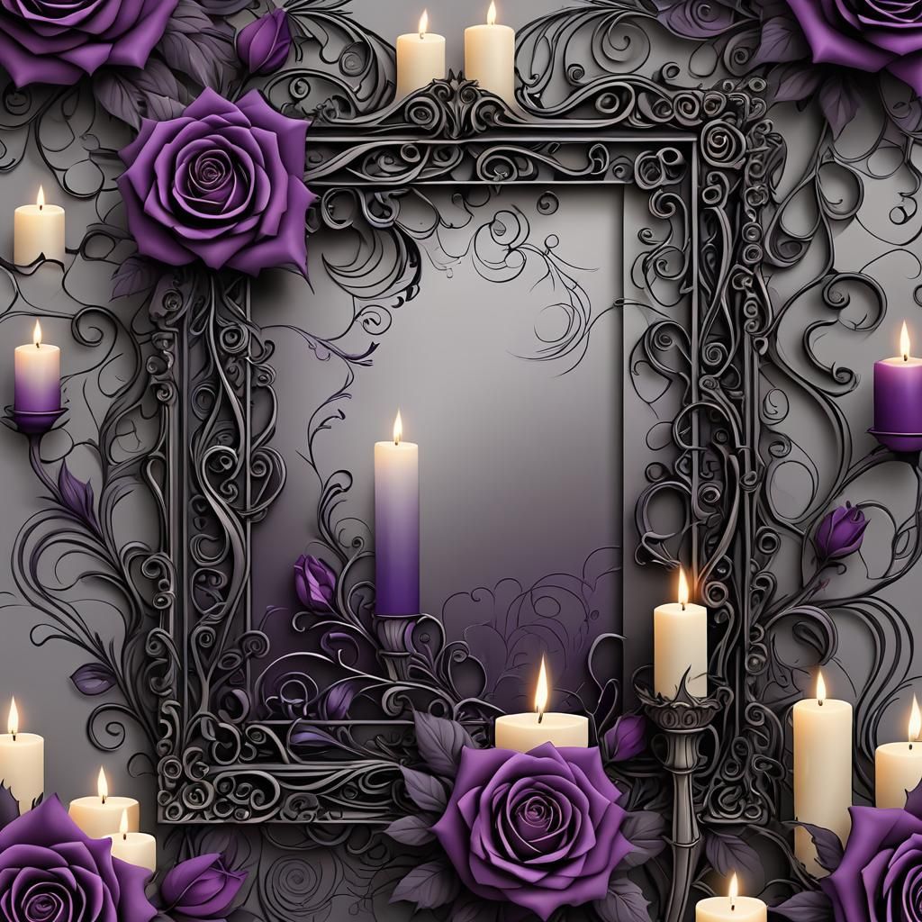 Gothic Frame with Purple Roses and Candles