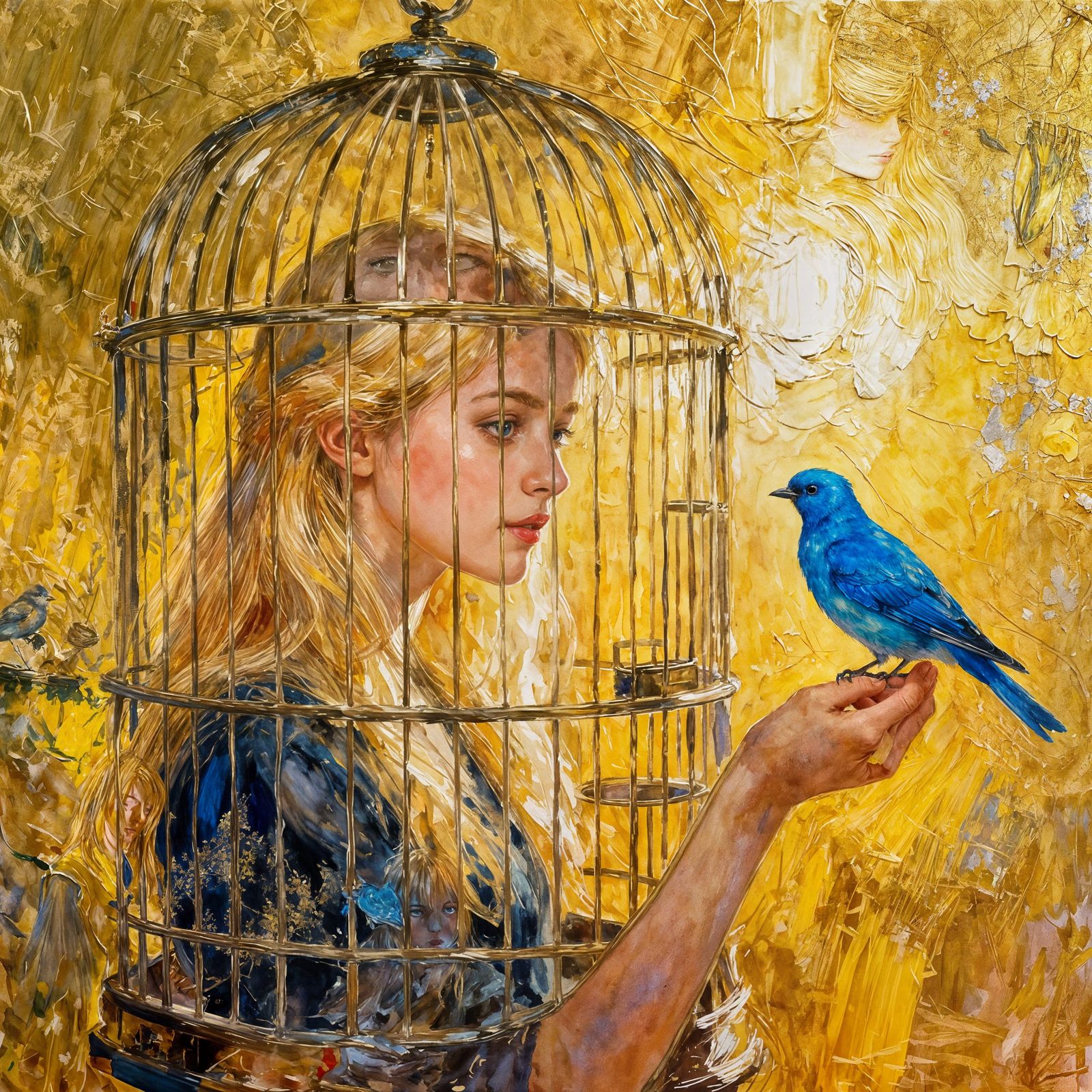 Woman with Blue Bird in Golden Birdcage, Mixed Media