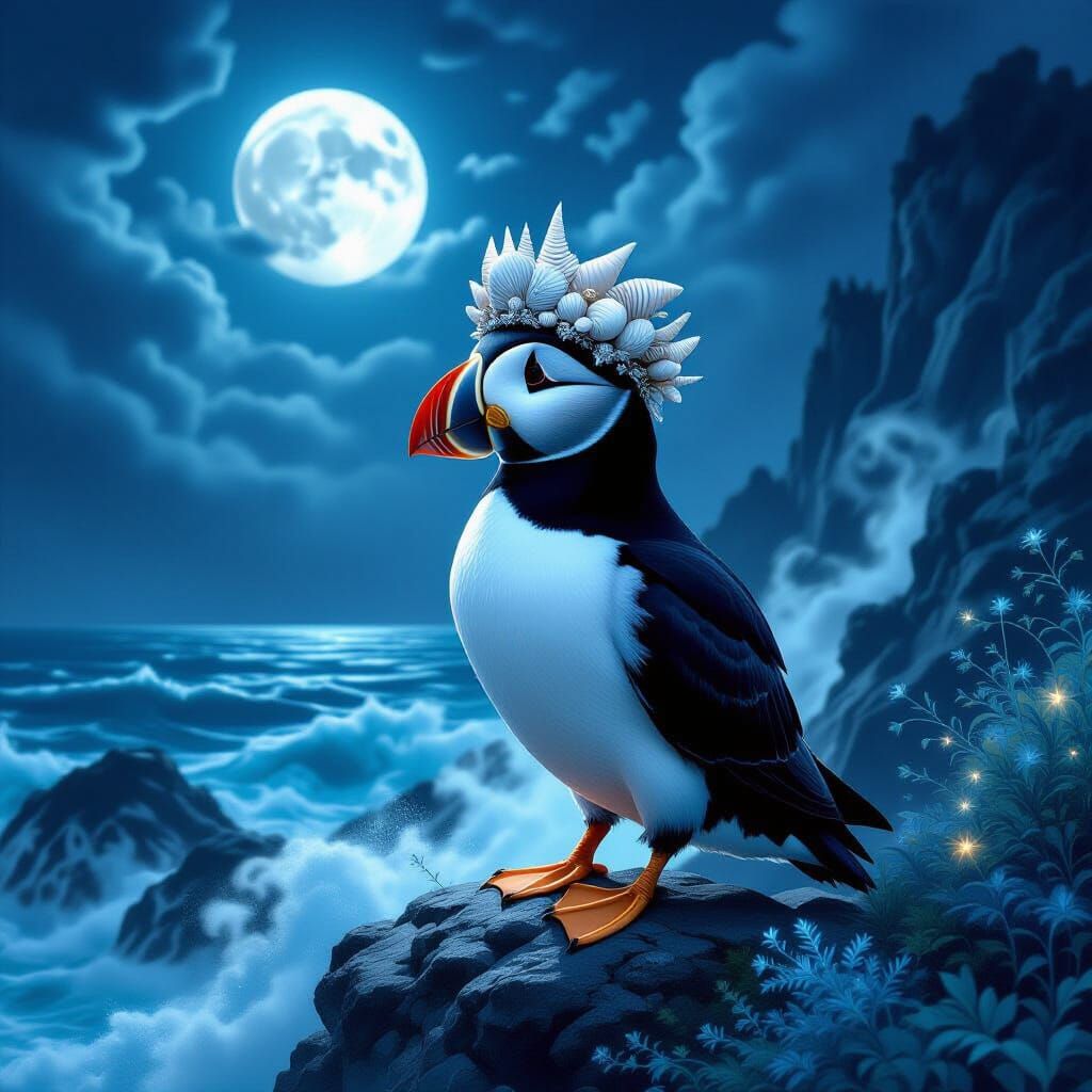 Majestic Puffin with Seashell Crown on Moonlit Rocky Outcrop