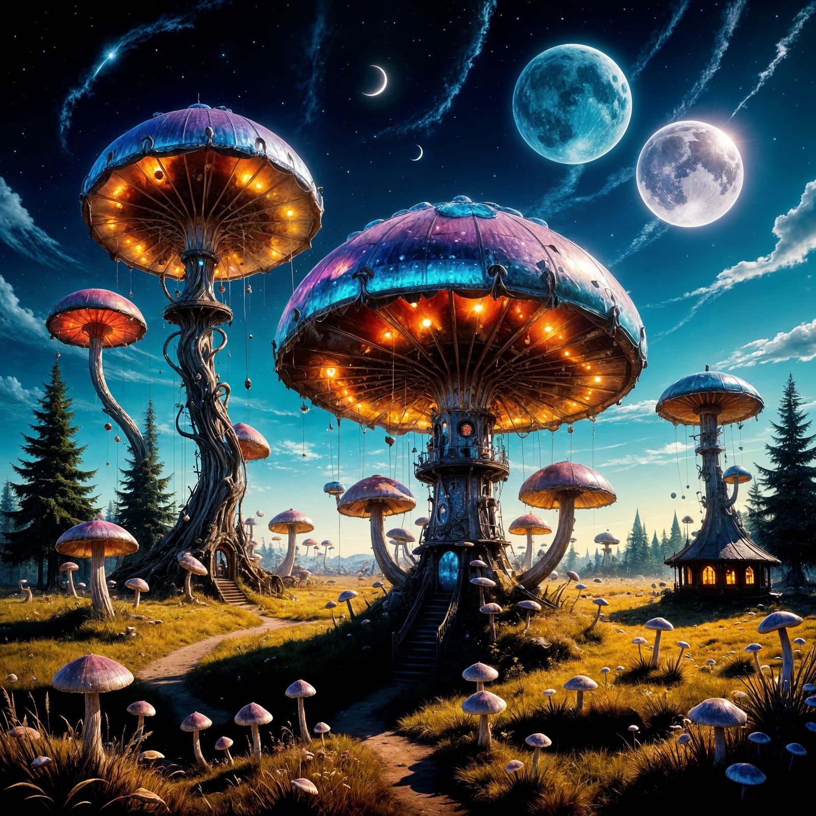 Surreal Crystal Mushroom Landscape with Two Moons