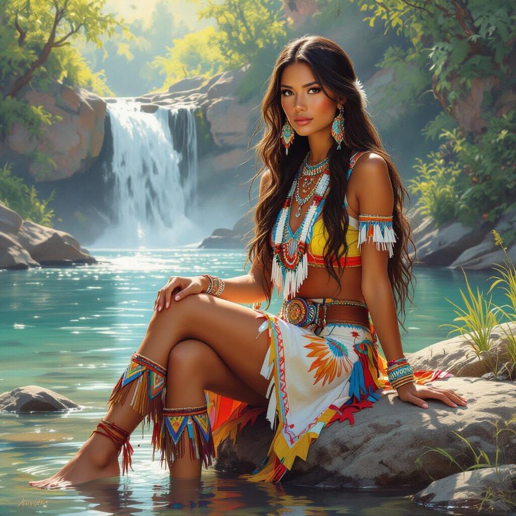 Native American Woman by River in Whimsical Style