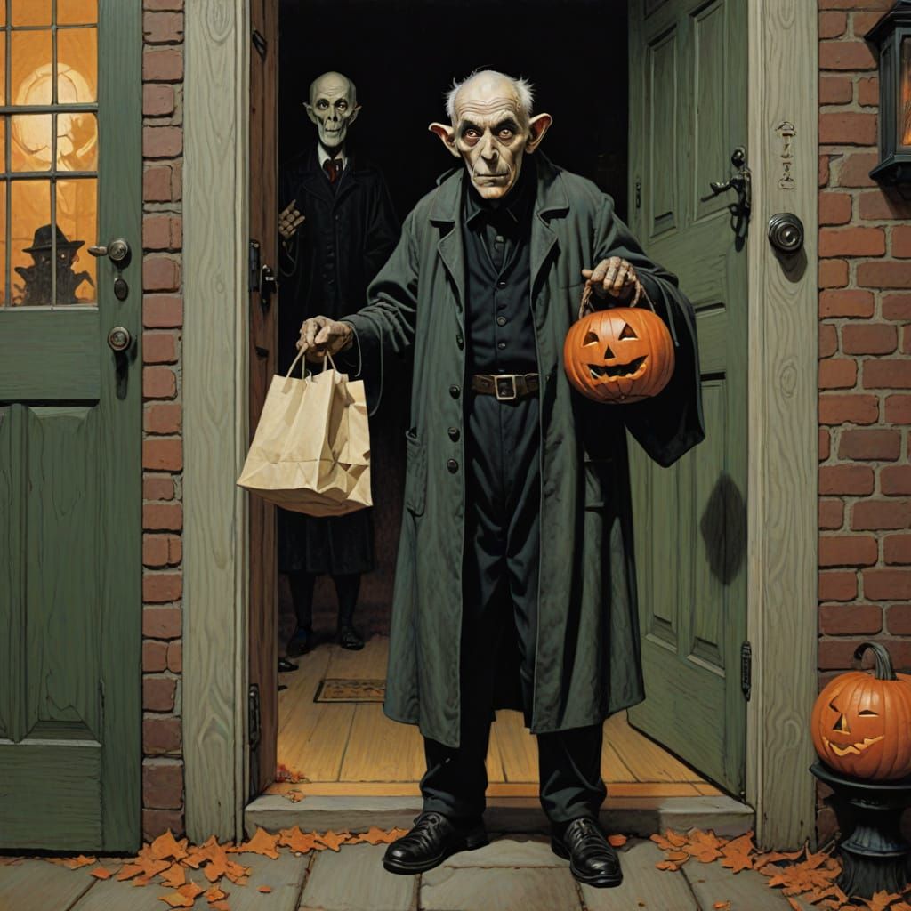 Norman Rockwell Halloween Scene: Old Man as Nosferatu