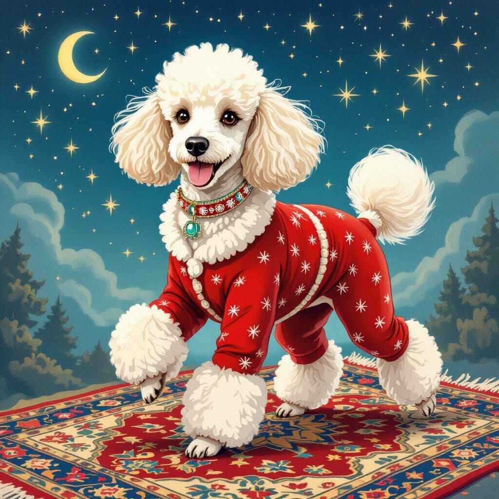 Smiling Poodle in Reindeer Pajamas on Flying Carpet