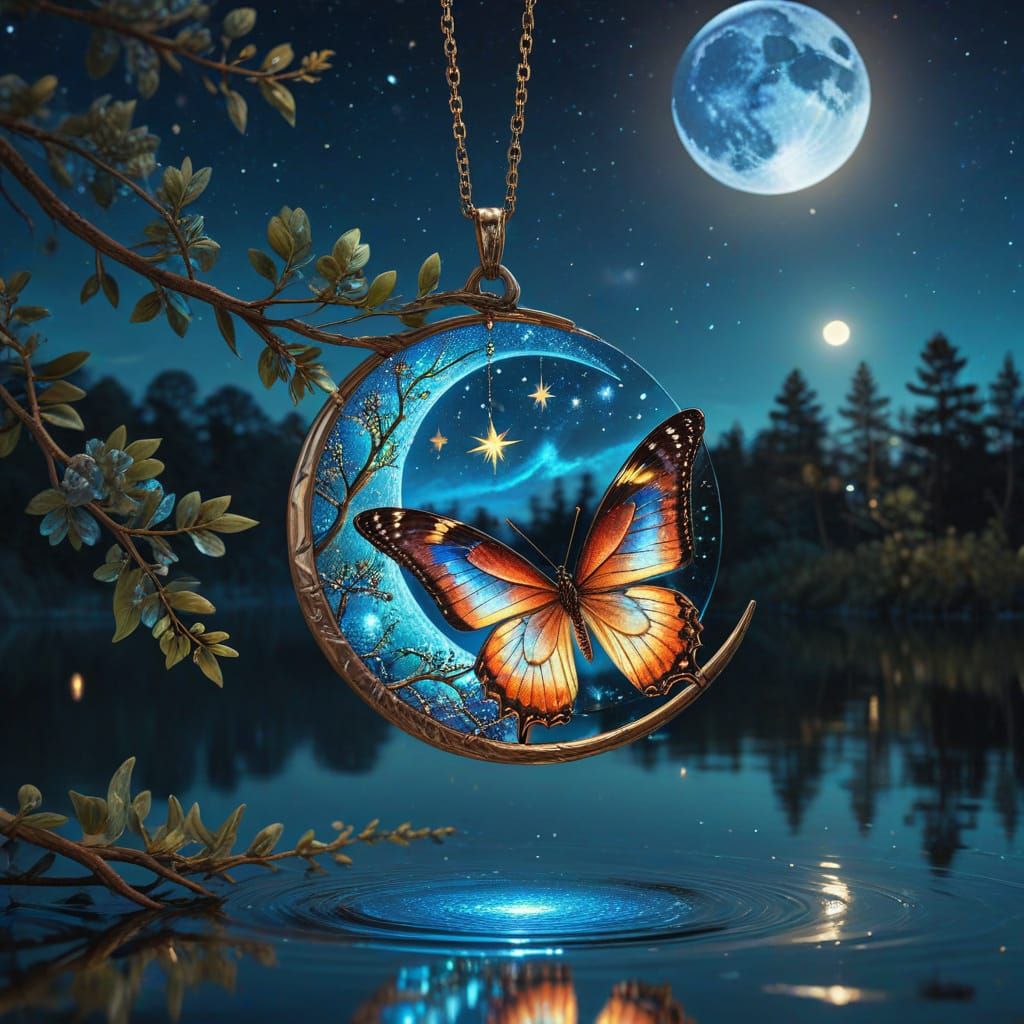 Moonlit Butterfly Pendant in Cosmic Lake Landscape