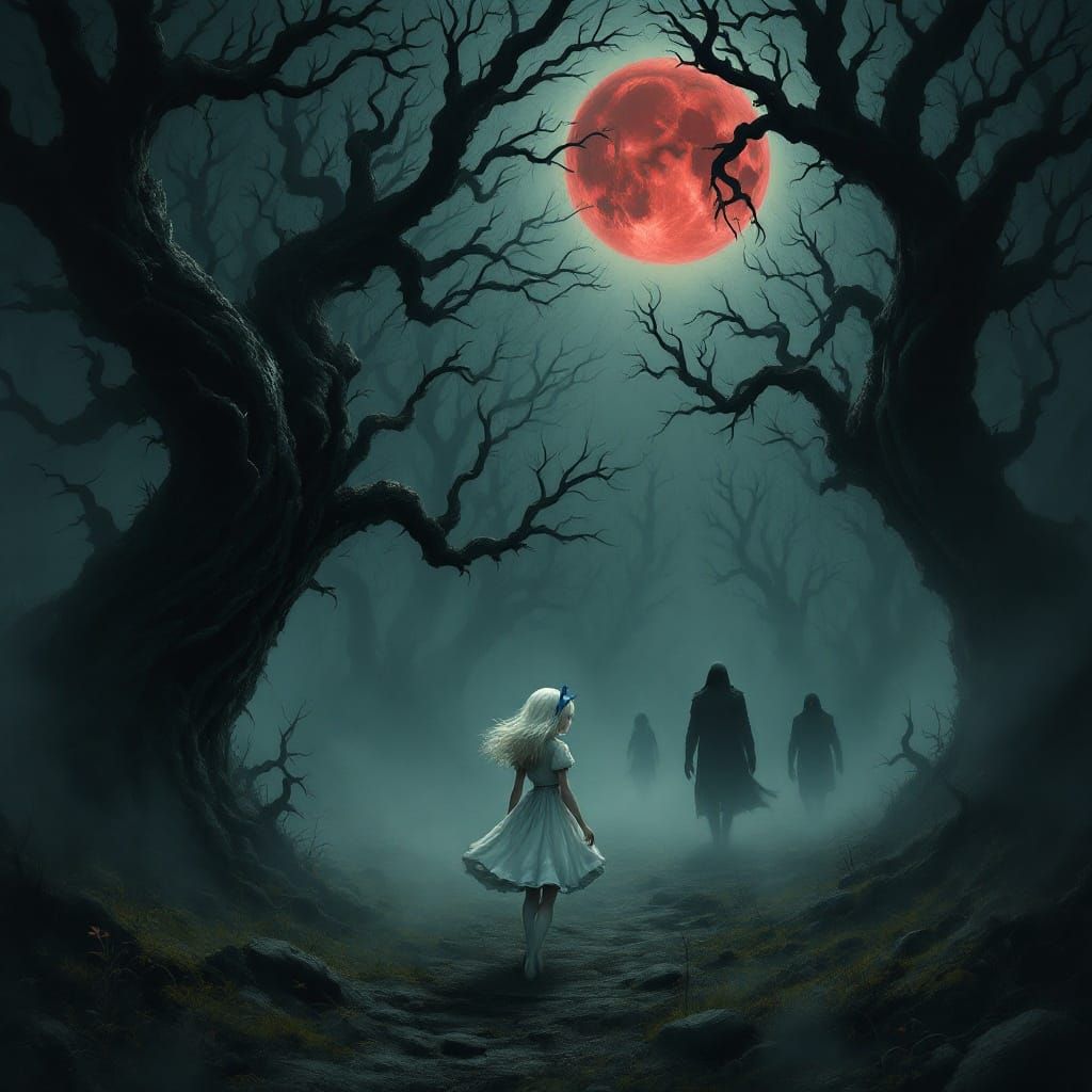 Ethereal Alice Walks Amidst Dark Surreal Forest
