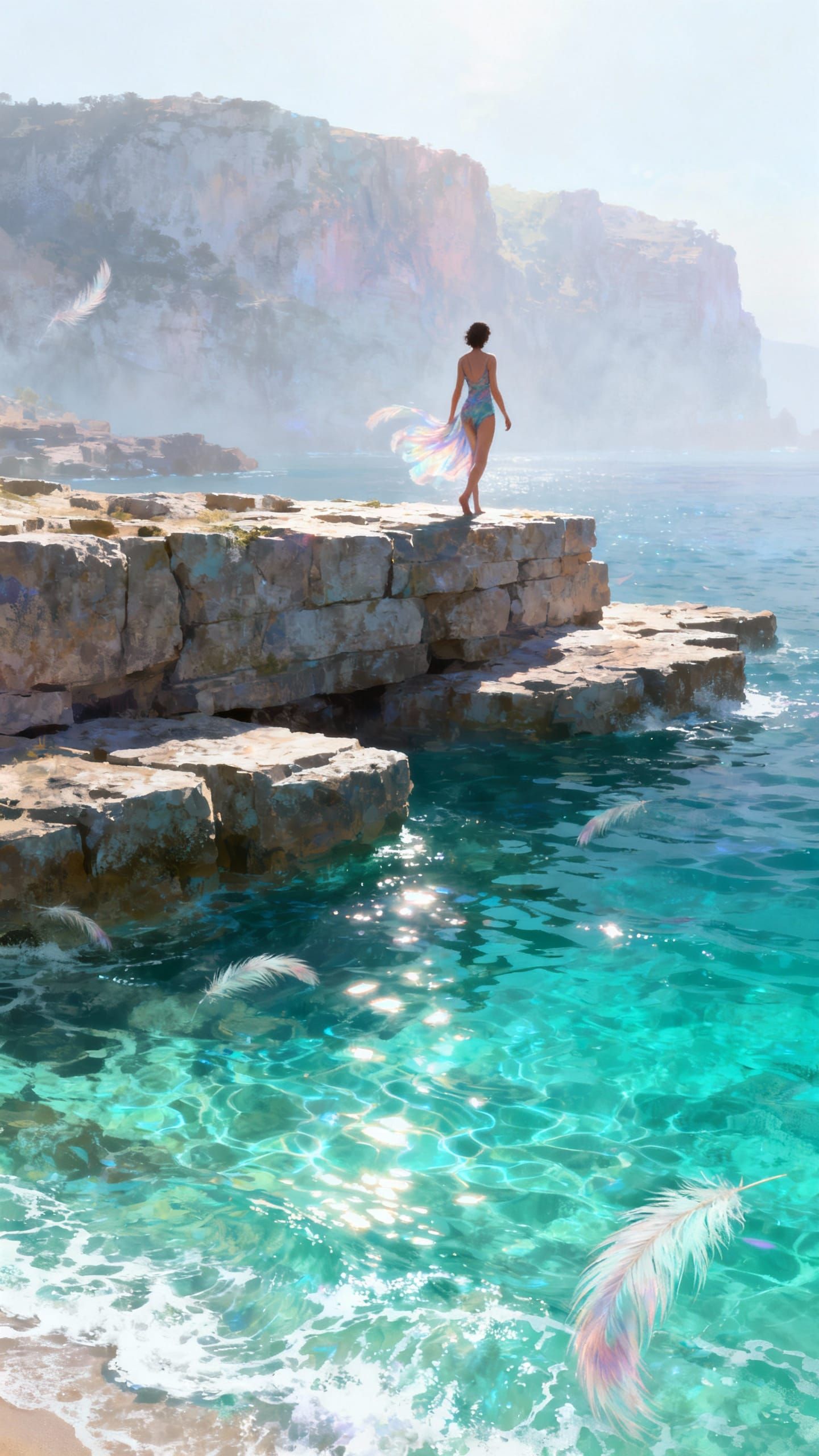 Figure on Rugged Ledges by Turquoise Water