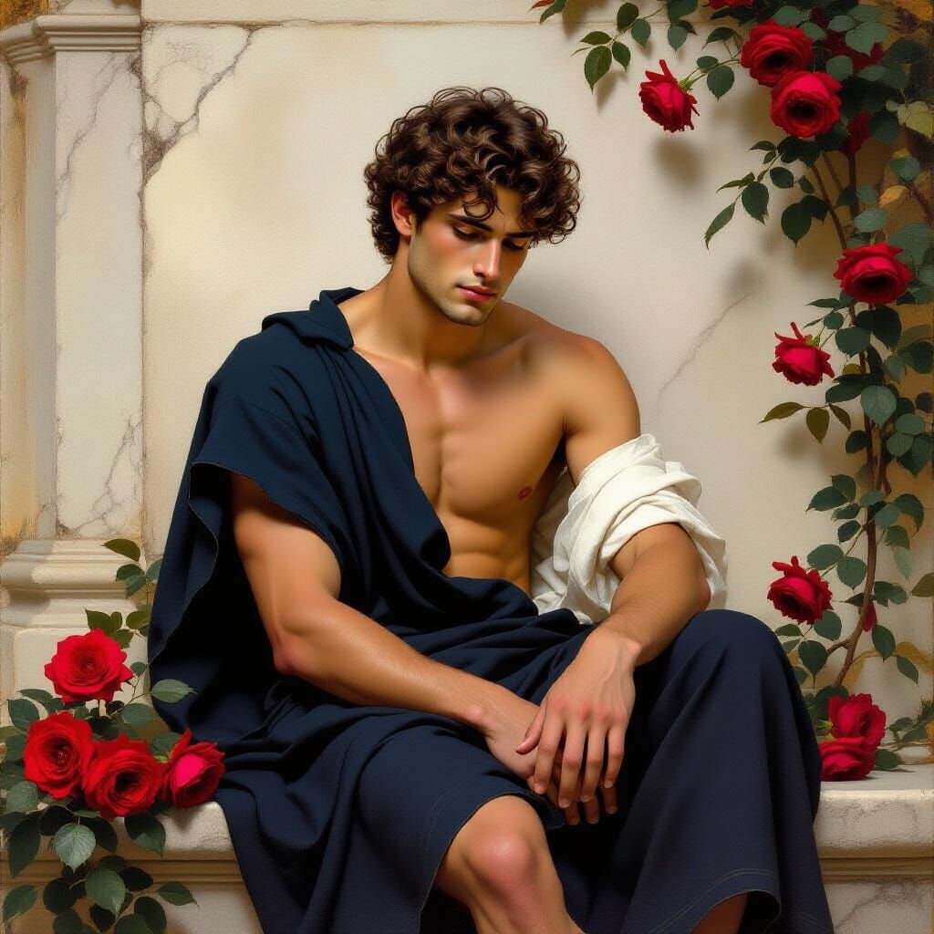 Melancholy Man on Ledge with Roses, Classical Realism Oil Pa...