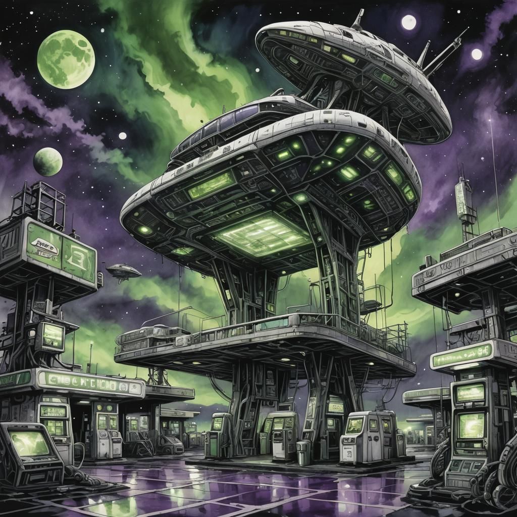 Alien Gas Station in Studio Ghibli Anime Style