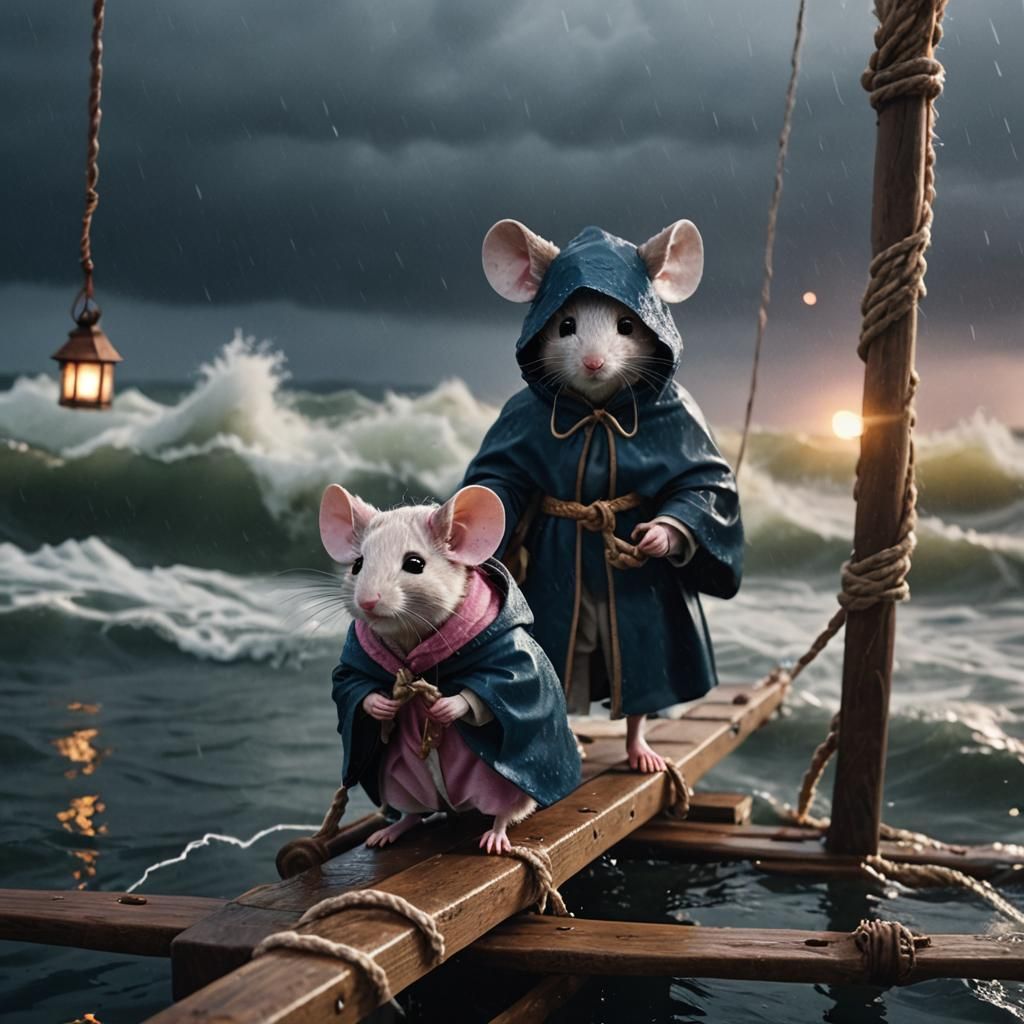 Mouse on Stormy Sea in Medieval Cloak