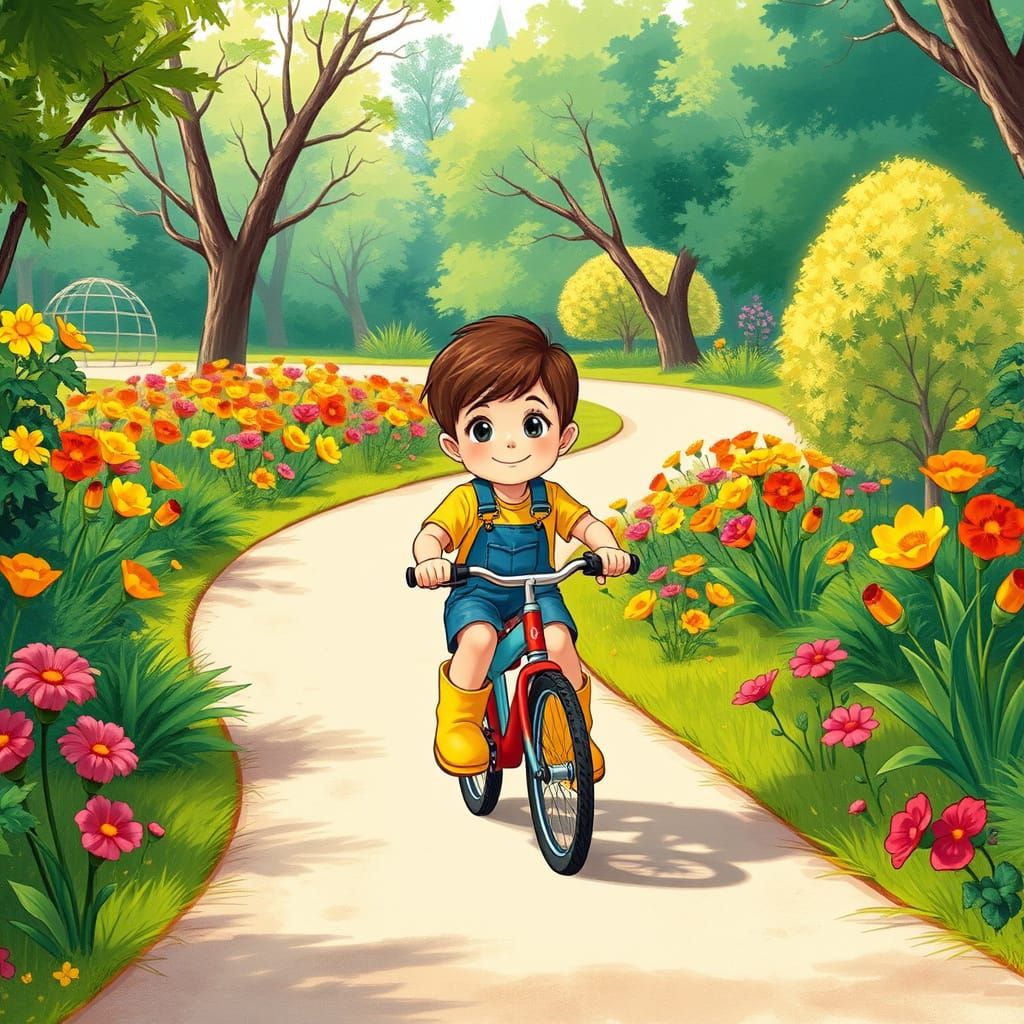 Boy Rides Bike in Lush Park: Cartoon Style