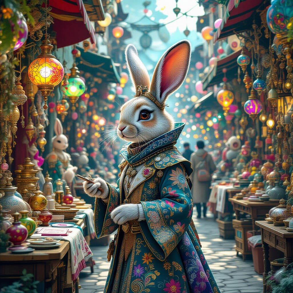 Surreal Rabbit Shopping at Intergalactic Bazaar