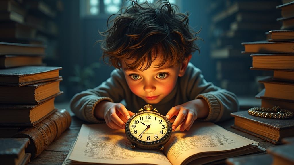 Boy Finds Glowing Watch in Attic, Street Art Style