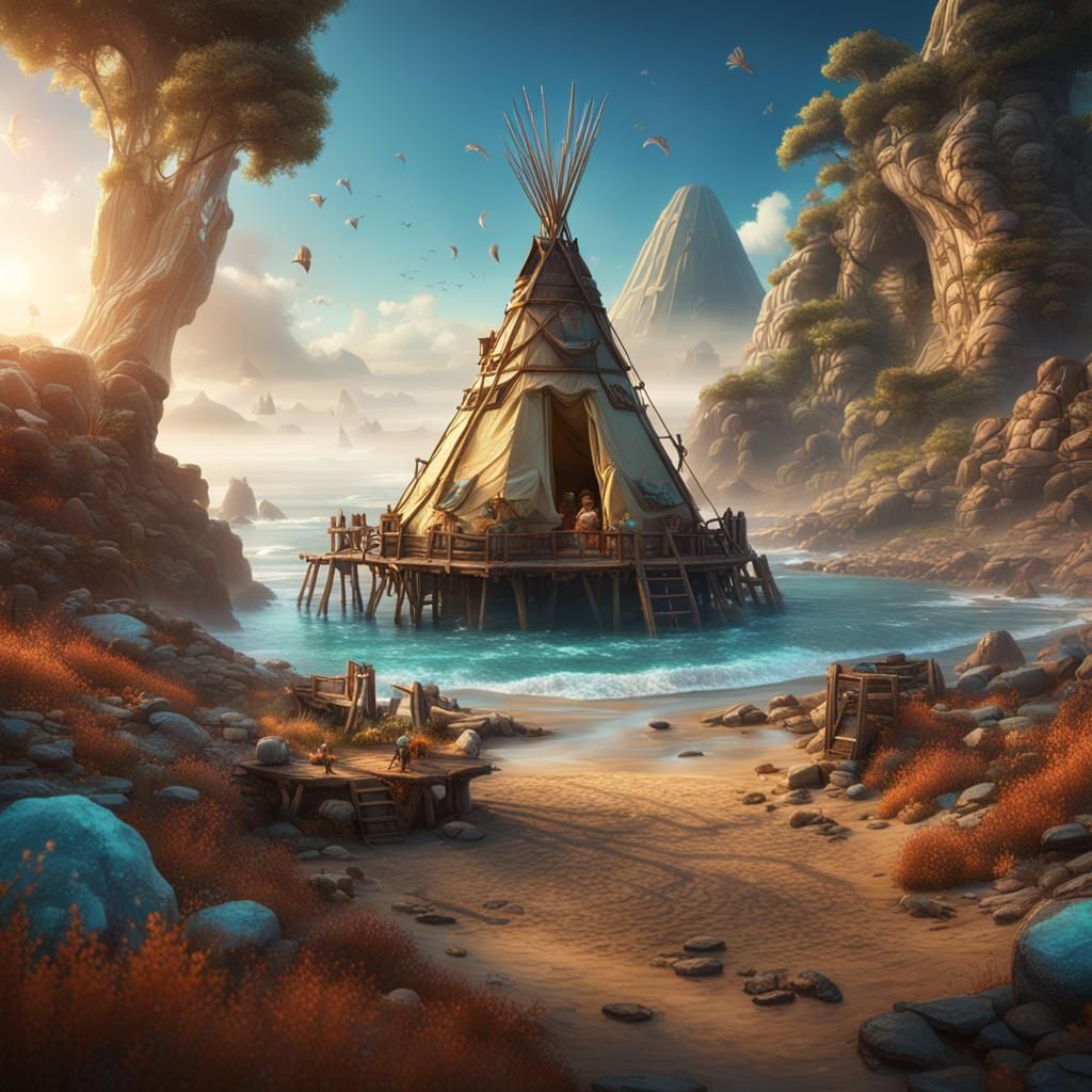 Dream Factory on Tepee Seashore: Detailed Matte Painting