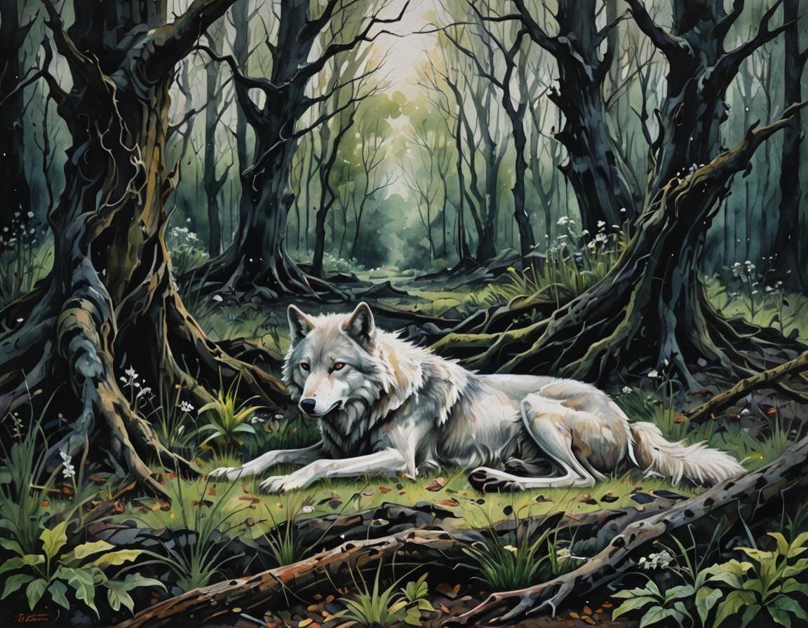 White Wolf in Dark Forest: Expressionist Gouache Art