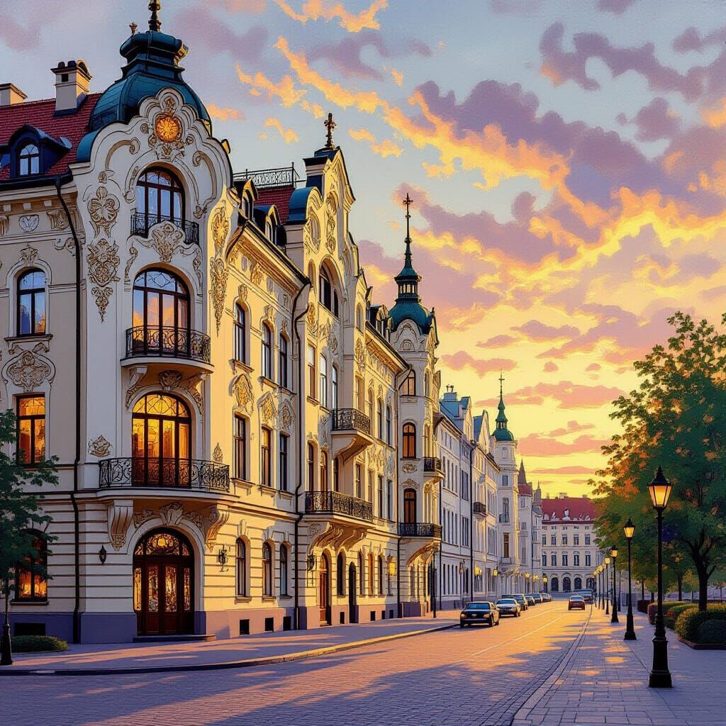 Art Nouveau Riga Sunset in Golden Hour Glow