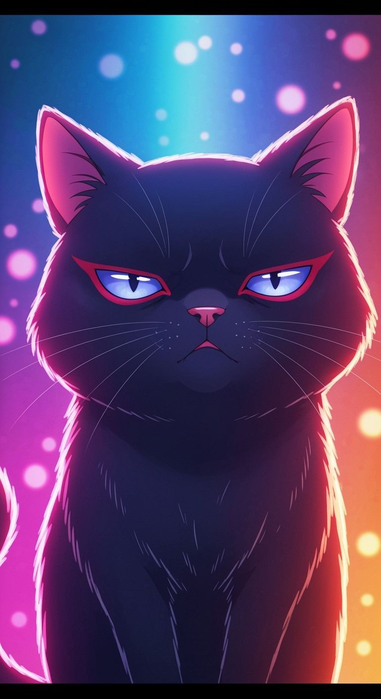 Grumpy Black Cat with Indigo Eyes Anime Style