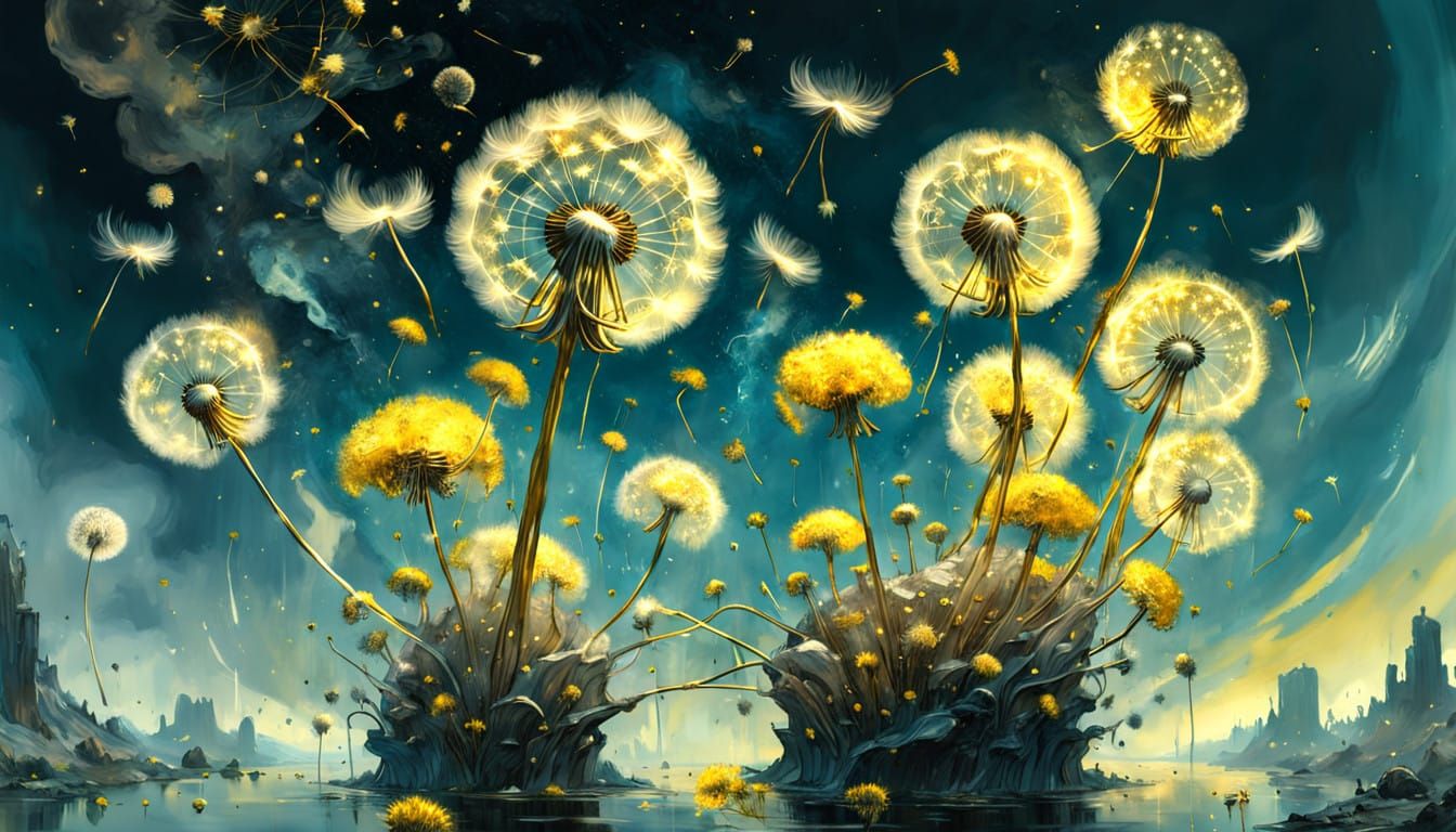 Surreal Golden Dandelions Descend from Dreamy Skies in Intri...