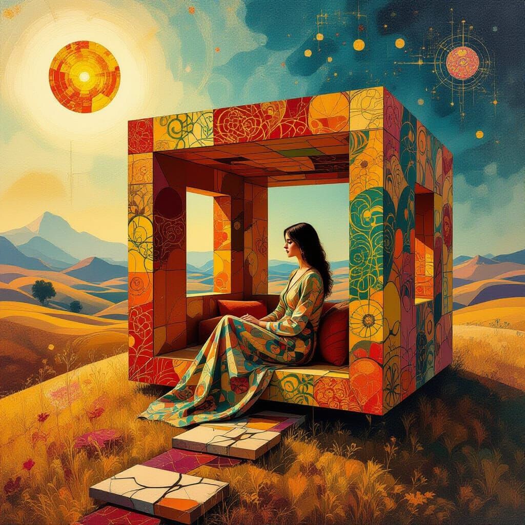 Surreal Kintsugi House with Woman in Fractal Style