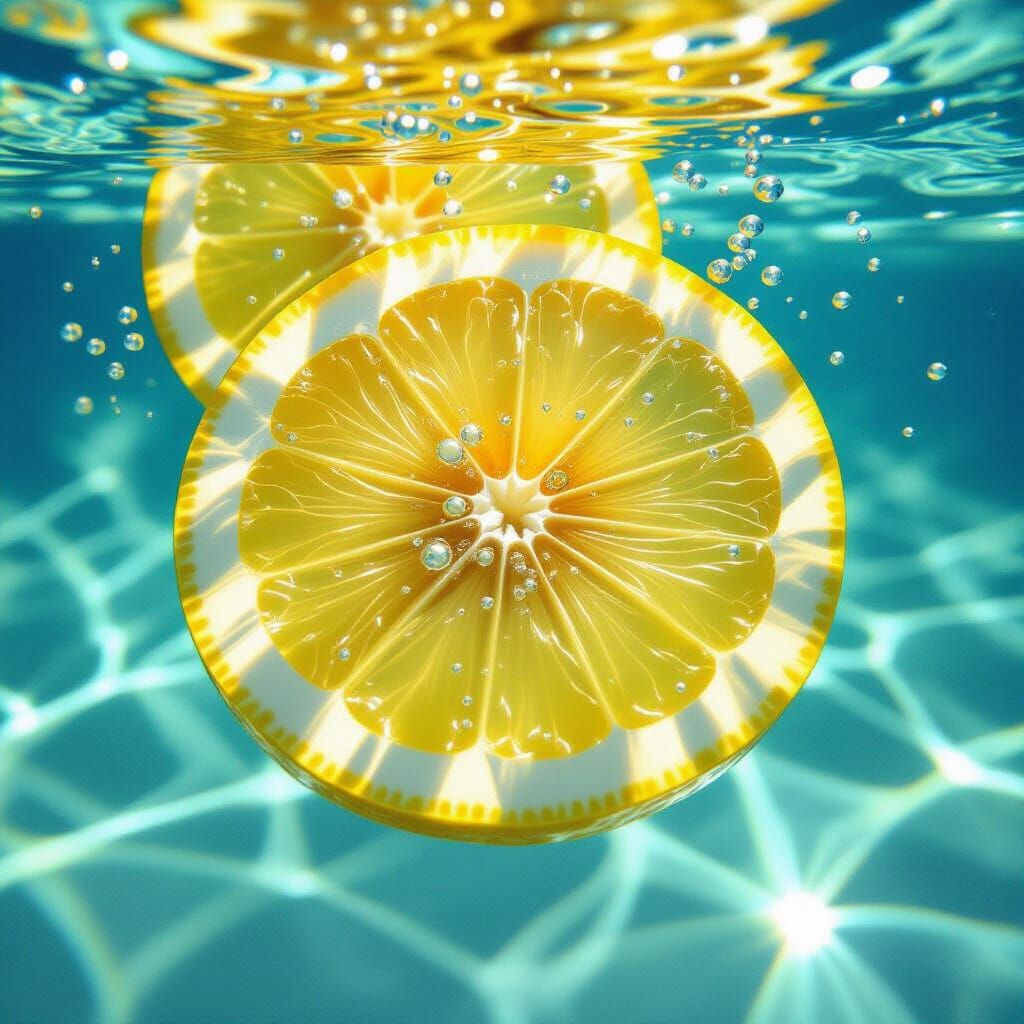 Lemon Slices in Sparkling Water: Hyper-Realistic Close-Up
