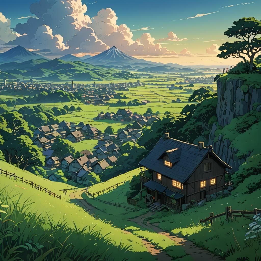 Anime Meadow Hill in Studio Ghibli Style