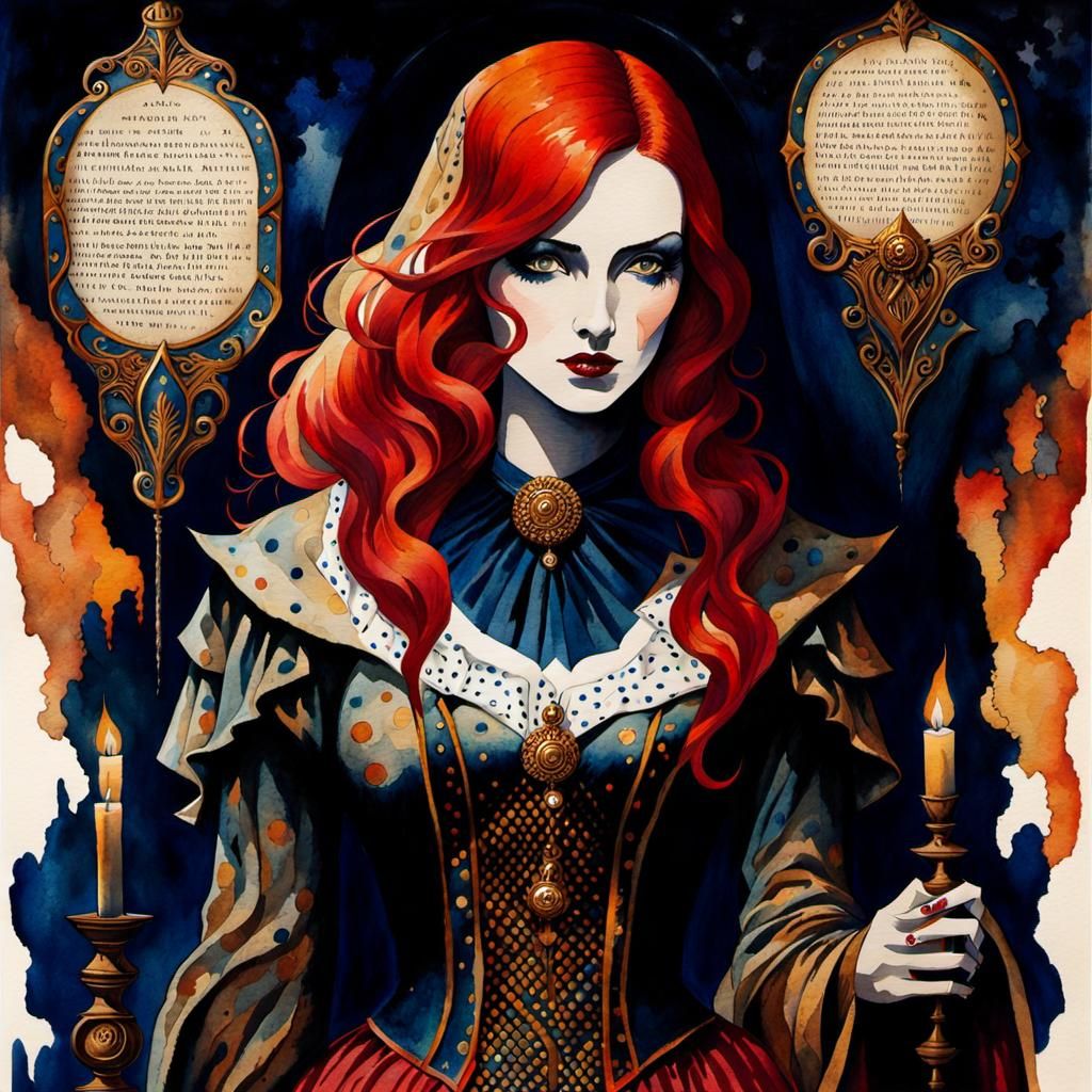 Sinister Watercolor Woman with Red Hair and Polka Dots
