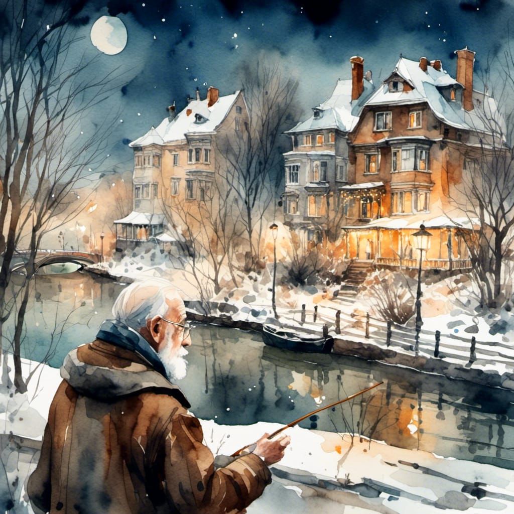 Watercolor Panorama: Winter Cityscape Painting