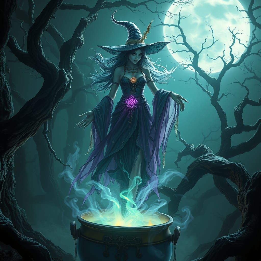 Spectral Witch Over Ethereal Cauldron in Moonlit Forest