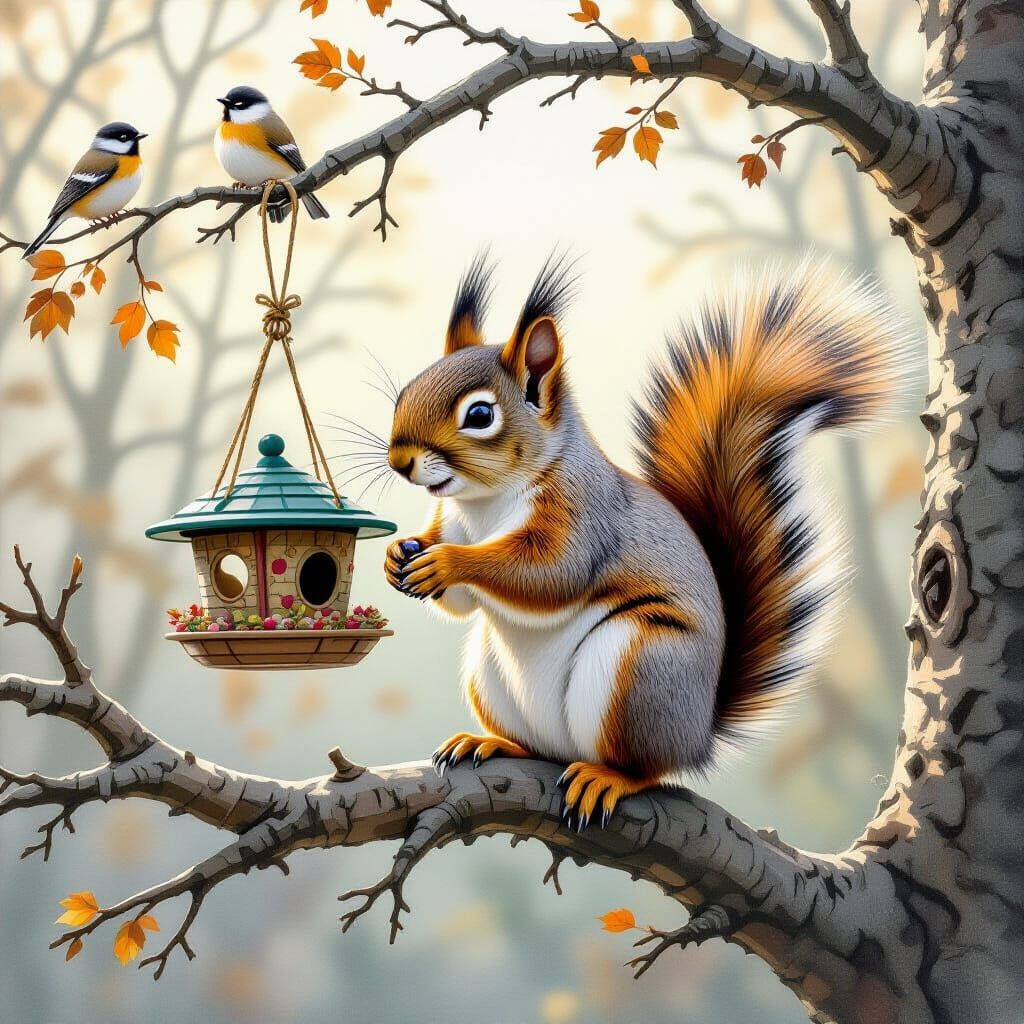 Squirrel Raiding Bird Feeder in Whimsical Style