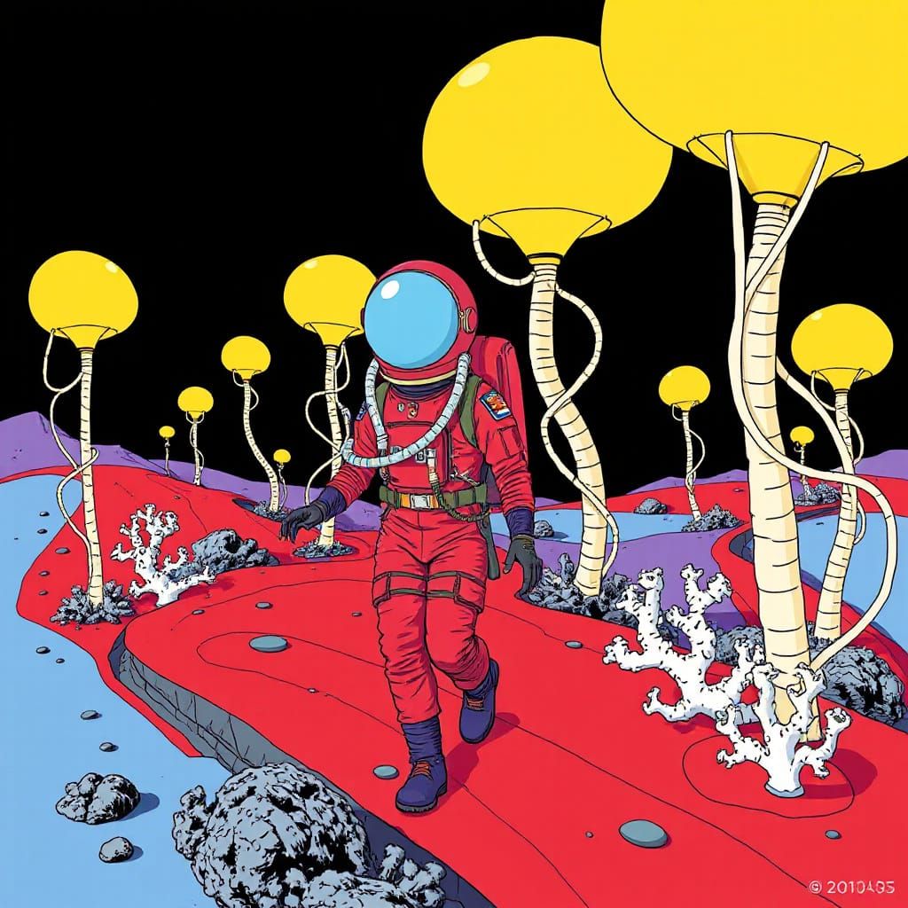 Astronaut in Surreal Alien Landscape: Graphic Novel Style