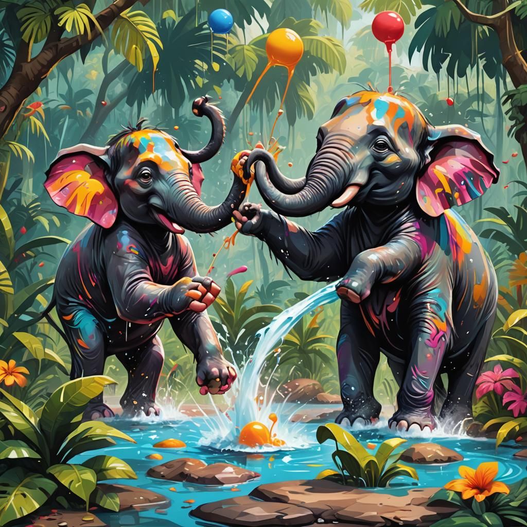 Elephant and Monkey Water Fight: Vibrant Graffiti Art