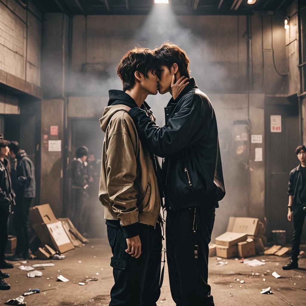 Dramatic Kiss Scene in Cinematic Film Style