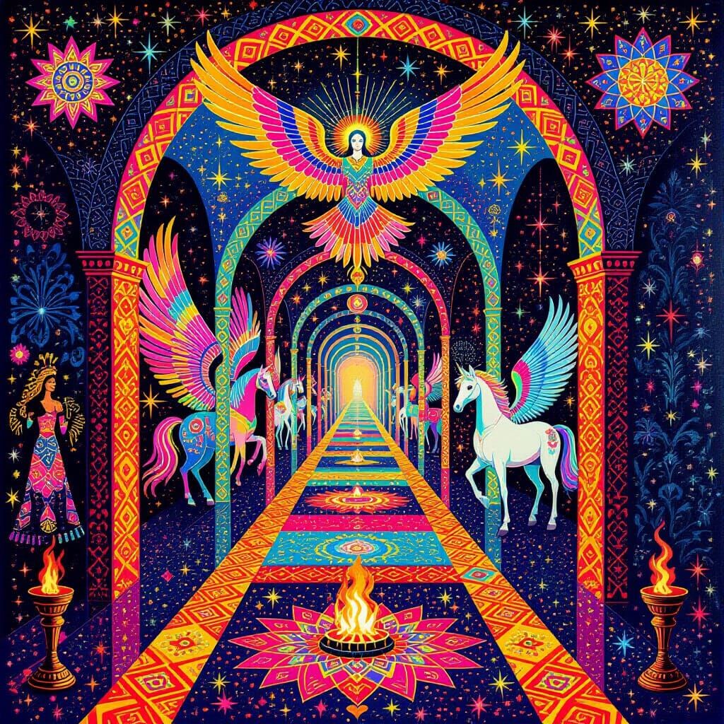 Psychedelic Hallway of Spirits, Humans, and Horses