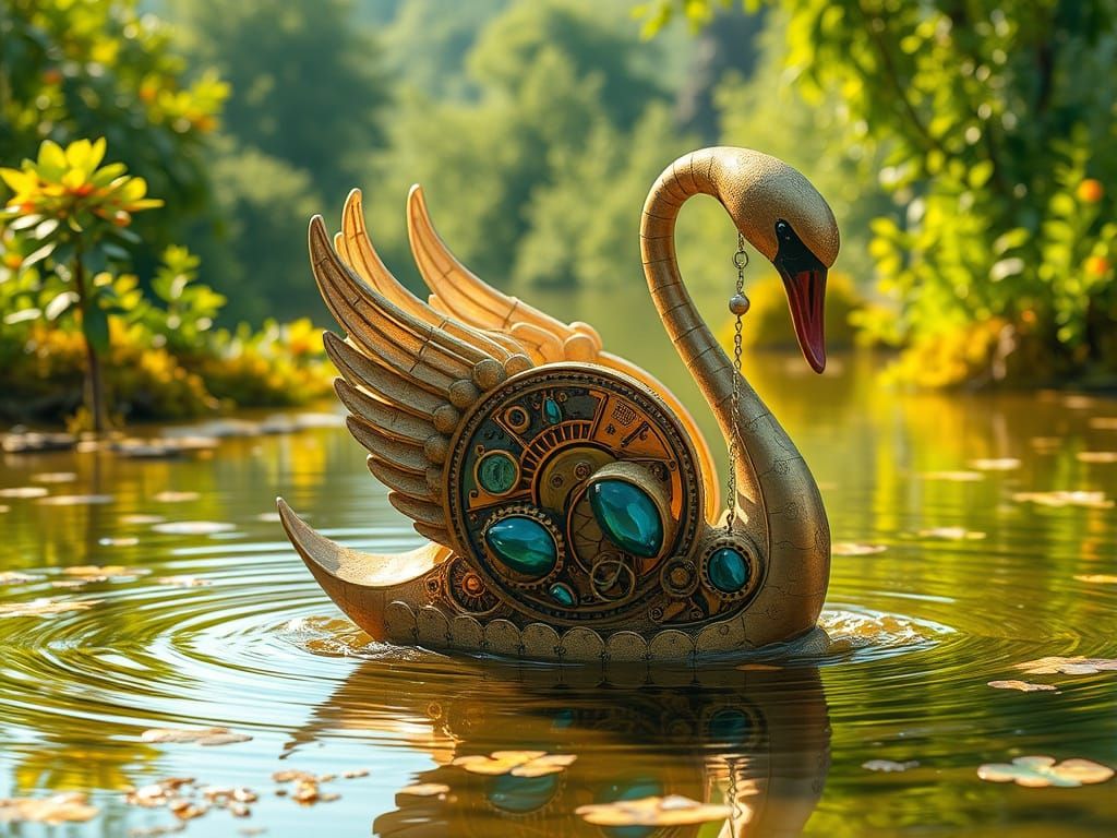Clockwork Swan on Golden Lake in Steampunk Style