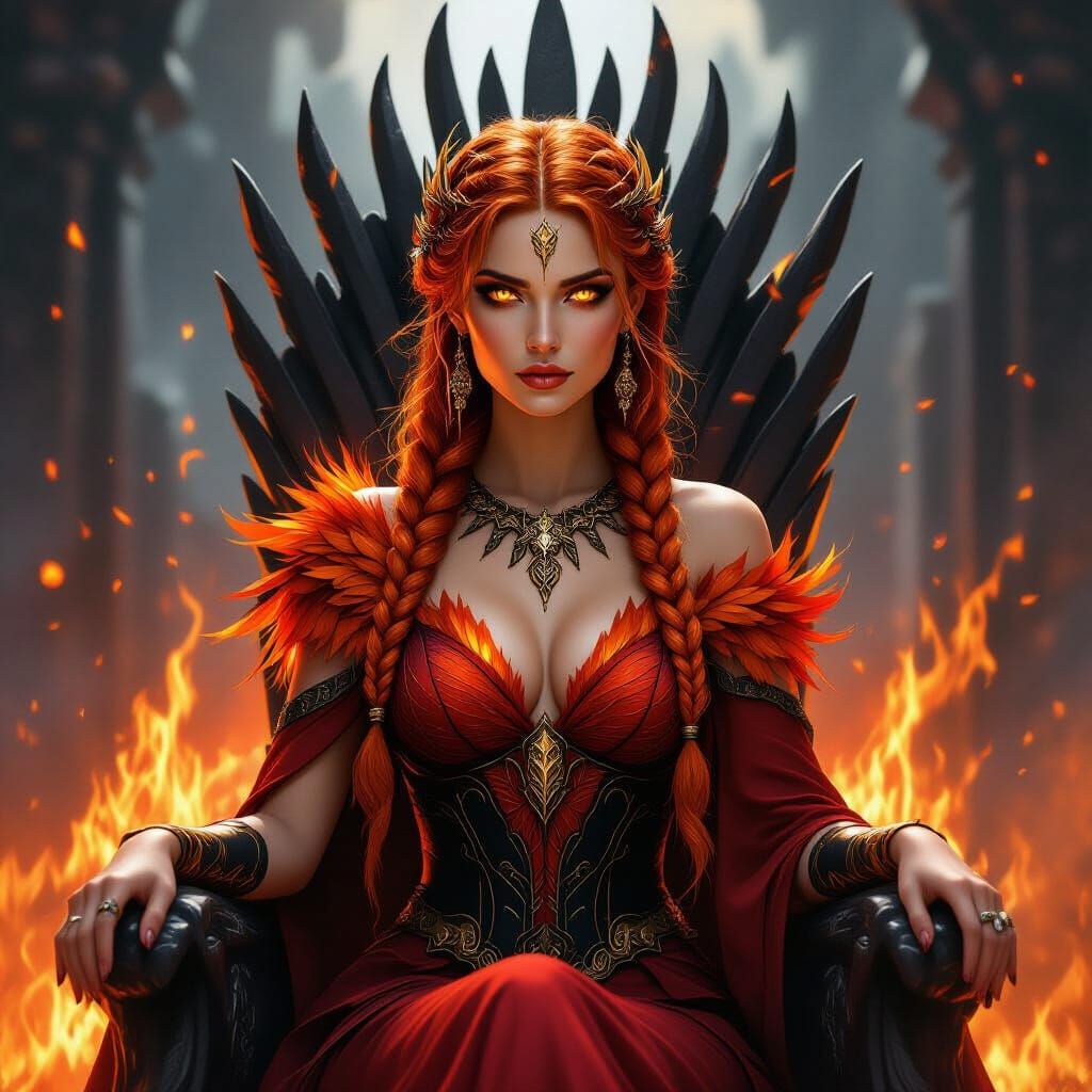 Phoenix Queen Rising from Obsidian Throne