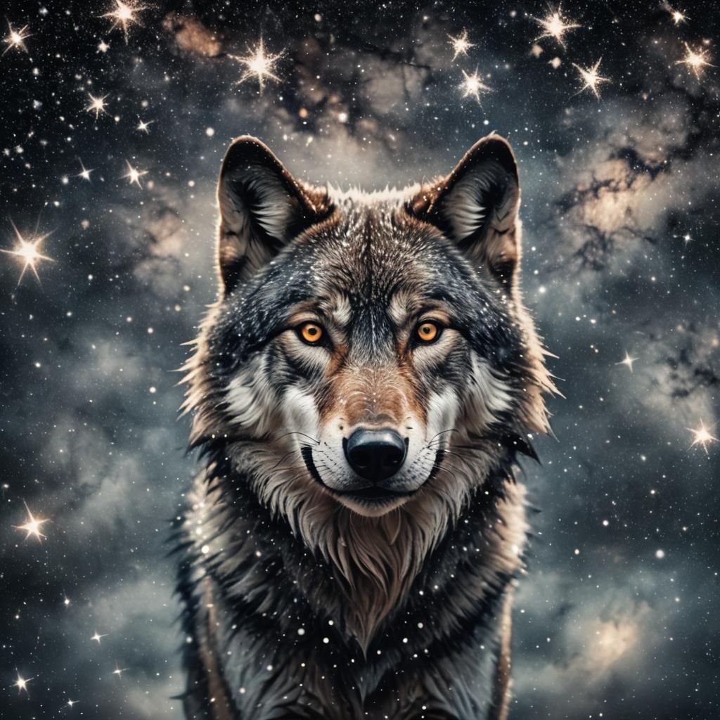 Wolf Face of Stars in a Galaxy Background