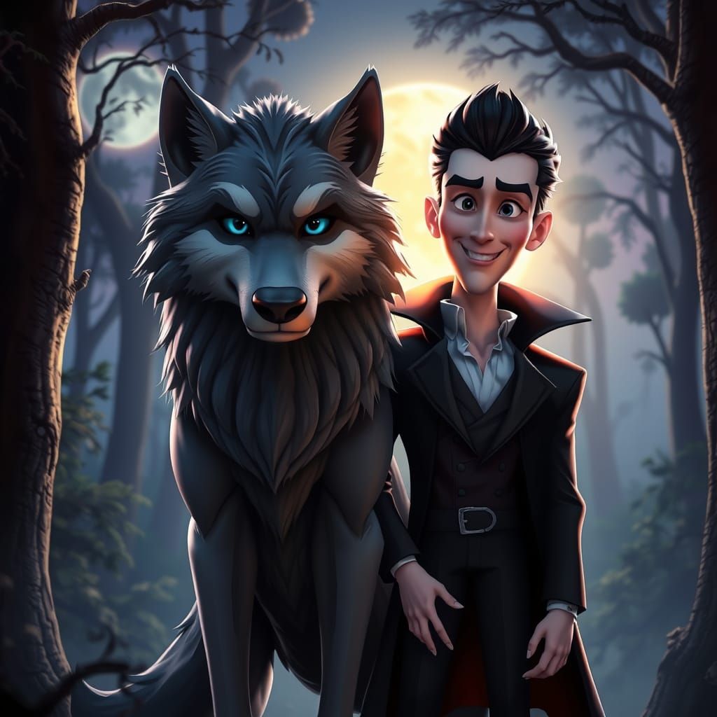 Wolf and Vampire in Mystical Forest Twilight